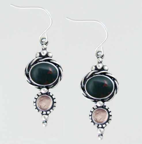 Sterling Silver Drop Dangle Earrings With Bloodstone And Rose